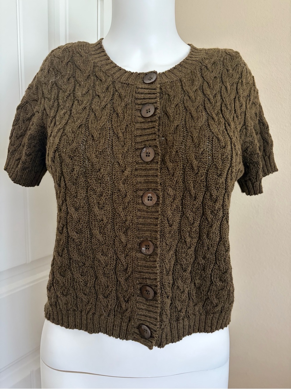 Cable Knit Short-Sleeve Button Up Cardigan - Olive Brown